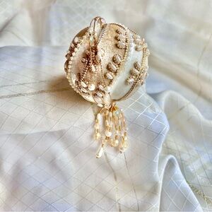 Vintage Seasonal Beaded Christmas Ornament Velvety Cream, White and gold tones